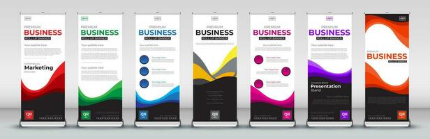 Roll up Banner template set for meetings, Street Business, presentations, annual events, events, exhibitions in red, blue, orange, purple, green, pink and yellow vector