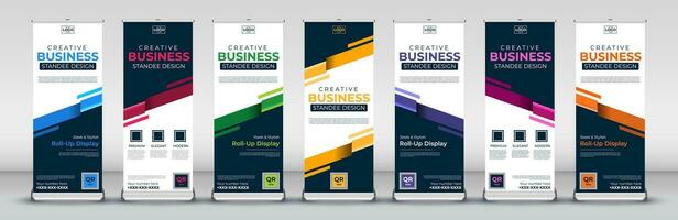 Roll up banner design template for business events, annual meetings, presentations, marketing, promotions, with red, blue, green, orange, pink, yellow and purple print ready colors vector