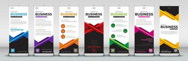 Roll up Banner template set for meetings, Street Business, presentations, annual events, events, exhibitions in red, blue, orange, purple, green, pink and yellow vector