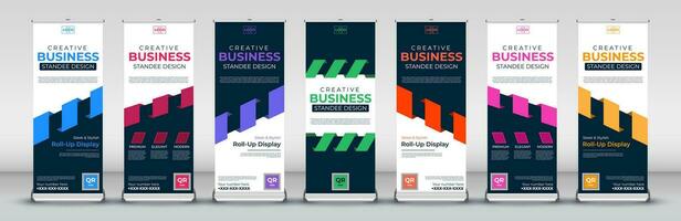 Roll up banner design template for business events, annual meetings, presentations, marketing, promotions, with red, blue, green, orange, pink, yellow and purple print ready colors vector