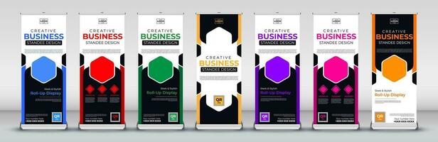 Roll up banner design template for business events, annual meetings, presentations, marketing, promotions, with red, blue, green, orange, pink, yellow and purple print ready colors vector