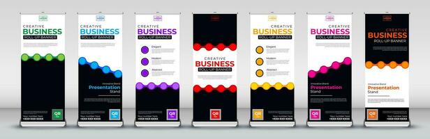 Roll up banner design template for business events, annual meetings, presentations, marketing, promotions, with red, blue, green, orange, pink, yellow and purple print ready colors vector