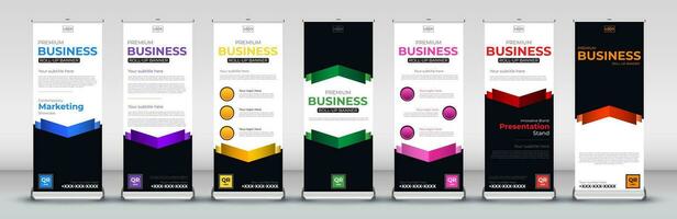 Roll up banner design template for business events, annual meetings, presentations, marketing, promotions, with red, blue, green, orange, pink, yellow and purple print ready colors vector