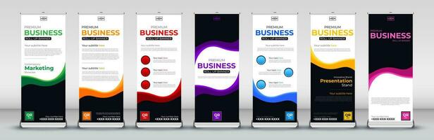 Roll up banner design template for business events, annual meetings, presentations, marketing, promotions, with red, blue, green, orange, pink, yellow and purple print ready colors vector