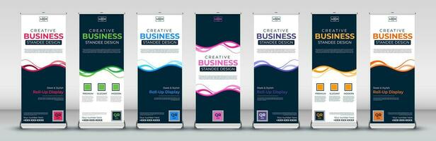 Roll up banner design template for business events, annual meetings, presentations, marketing, promotions, with red, blue, green, orange, pink, yellow and purple print ready colors vector