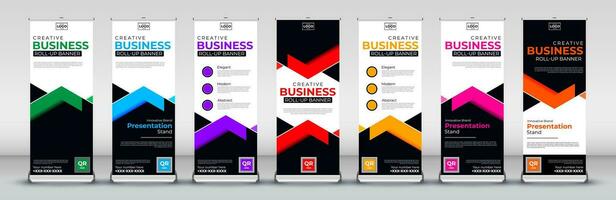 Roll up banner design template for business events, annual meetings, presentations, marketing, promotions, with red, blue, green, orange, pink, yellow and purple print ready colors vector