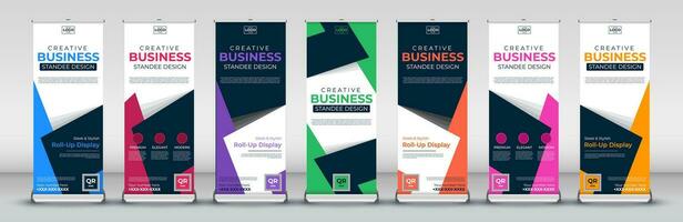 Roll up banner design template for business events, annual meetings, presentations, marketing, promotions, with red, blue, green, orange, pink, yellow and purple print ready colors vector