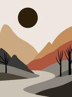 Abstract landscape boho wall art vector. Modern boho nature landscape featuring the sun, sky, river, and mountains. vector