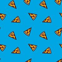 Slices pizza pepperoni seamless pattern. Vector illustration isolated on blue background. For backdrop, invitation, greeting card. Simple flat graphic illustration. Scattered miniature pizza slices.