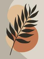 Minimal hand drawn boho wall art cover, vector design with a palm leaf and shapes