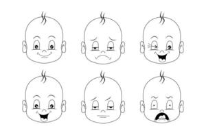 Baby Facial Expression Set isolated icons on white background. Cute boy baby faces showing different emotions. Coloring book pages vector