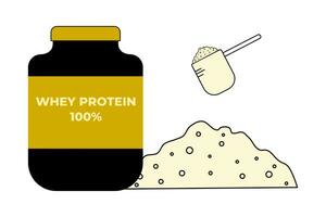 Portion of whey protein powder and bottle isolated on white background. Simple cartoon flat vector