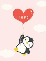 kawaii penguin holding heart balloons cartoon, cute Valentine animal character illustration. vector