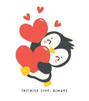 Cute penguin with red heart cartoon drawing, Kawaii Valentine animal character illustration, playful hand drawn festive love graphic. vector