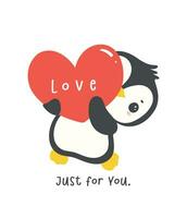 Kawaii penguin holding red heart cartoon drawing, cute Valentine animal character illustration, playful hand drawn festive love graphic. vector