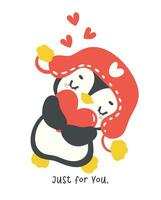 Cute penguin hug red heart cartoon drawing, Kawaii Valentine animal character illustration, playful hand drawn festive love graphic. vector