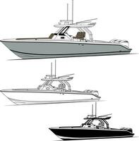 High quality side view fishing boat vector line art illustration and one color.