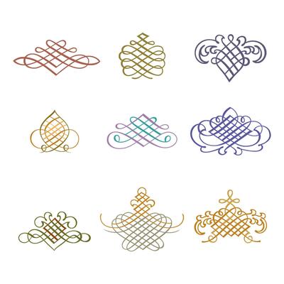 Vintage floral calligraphic floral vignette scroll corners ornamental design elements set isolated illustration
