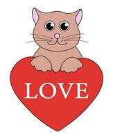 Cartoon Valentine day Cat character. Cute Kitten in On Heart with text love. Vector flat illustration.