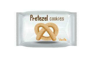 Salted pretzels in a white bag with crumbs next to it. Vector illustration in 3D style.