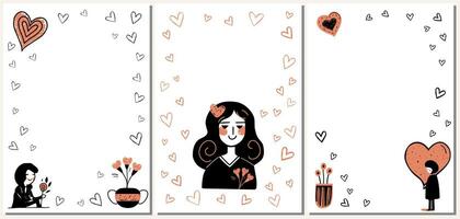 Set of Valentine's day doodle frames. Minimalistic backgrounds with girl, hearts, flowers. Love concept cards vector