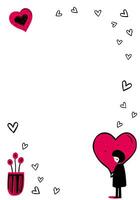 Minimalistic love frame with girl and hearts. Greeting card. Valentine's day poster in doodle style. vector