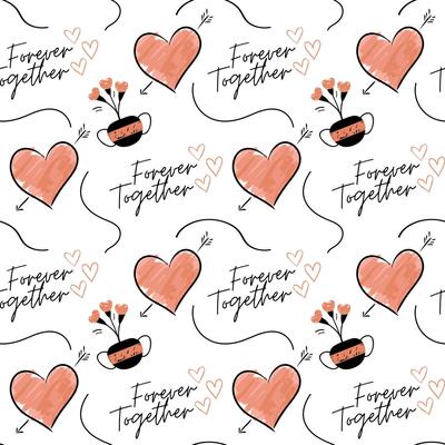 Doodle background with hearts and text in trendy color. Valentine day Love seamless vector pattern. Hand drawn flowers.