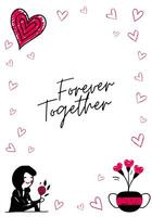 minimalista amor marco con niña corazón y flores saludo tarjeta. San Valentín día póster en garabatear estilo. vector