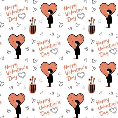 Doodle background in trendy color with girls and text. Valentine day Love seamless vector pattern. Hand drawn flowers.