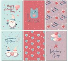 conjunto de vector amor antecedentes con linda gnomos y gato. San Valentín día concepto. amor bandera o saludo tarjeta