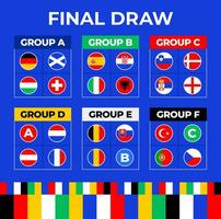 Football 2024 final stage groups. table of the final draw of the European Championship 2024. National football teams with flag icons vector