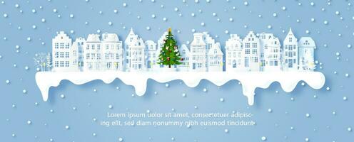 Scene of European cityscape in paper cut style on Christmas day with snowing and example texts on blue background. Greeting card and poster of Christmas celebration in vector design.