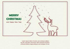 Christmas greeting card in line art with frame and example texts on snowing and cream color background. vector