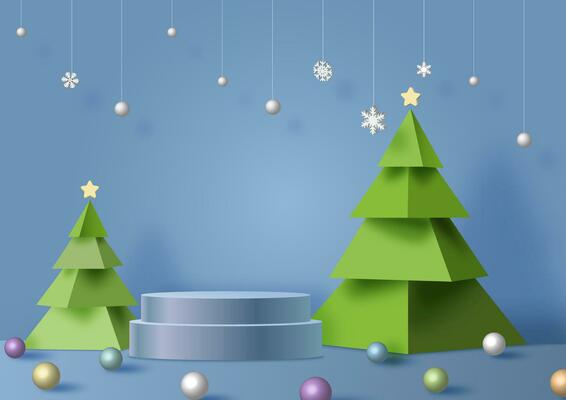 Poster advertising with product stage of Christmas celebration in 3d style with Snowflake decorated hanging on blue background. All in vector design.