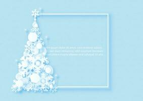 Decorated Christmas ball with silhouette snow flakes in a pine tree shape and paper cut style, example texts on on square frame and blue paper pattern background vector