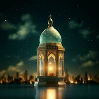 Eid mubarak and ramadan kareem greetings with islamic lantern and mosque. Eid al fitr background. Eid al fitr background of window concept by AI Generated photo