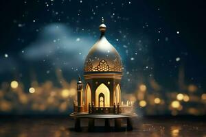 Eid mubarak and ramadan kareem greetings with islamic lantern and mosque. Eid al fitr background. Eid al fitr background of window concept by AI Generated photo