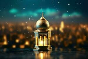 Eid mubarak and ramadan kareem greetings with islamic lantern and mosque. Eid al fitr background. Eid al fitr background of window concept by AI Generated photo