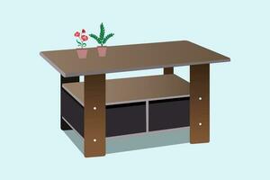 Modern workspace with computer table,flower. Flat vector illustration.