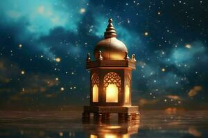 Eid mubarak and ramadan kareem greetings with islamic lantern and mosque. Eid al fitr background. Eid al fitr background of window concept by AI Generated photo