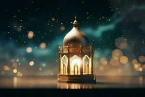 Eid mubarak and ramadan kareem greetings with islamic lantern and mosque. Eid al fitr background. Eid al fitr background of window concept by AI Generated photo