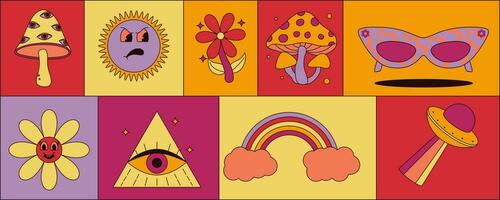 Collection of psychedelic groovy elements with mushrooms, sun, flower, eyes, sunglasses and more. Vintage vector graphics.