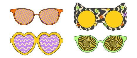 Trippy sunglasses with groovy prints and psychedelic colors. Vector illustrations isolated on white background.