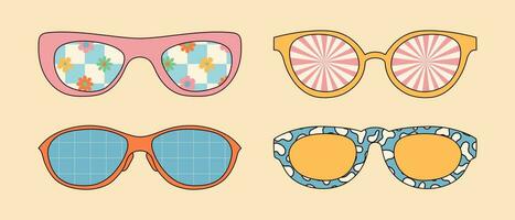 Groovy retro sunglasses with psychedelic designs. 70s-inspired vector art.