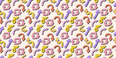 Naive playful arrows in trendy retro memphis style with vector texture. Direction indicators seamless pattern.