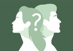 Man and woman profile silhouettes with question mark in between.. vector