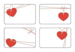 Set of white blank cards with heart shape tags and string bows. vector