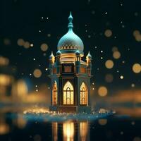 Eid mubarak and ramadan kareem greetings with islamic lantern and mosque. Eid al fitr background. Eid al fitr background of window concept by AI Generated photo