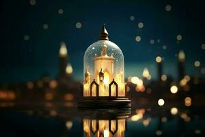 Eid mubarak and ramadan kareem greetings with islamic lantern and mosque. Eid al fitr background. Eid al fitr background of window concept by AI Generated photo