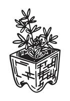 Potted plant outline doodle. Sketch of gardening attribute. Vector illustration in engraving style isolated on white.